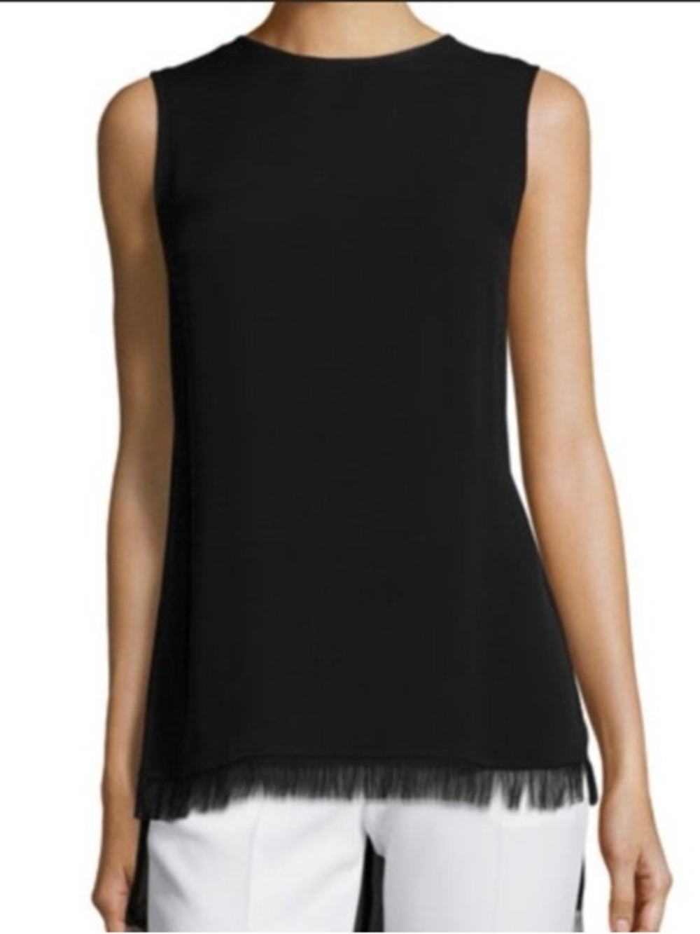Theory Yinga Black Sleeveless Frayed-Hem Tunic Tank Top